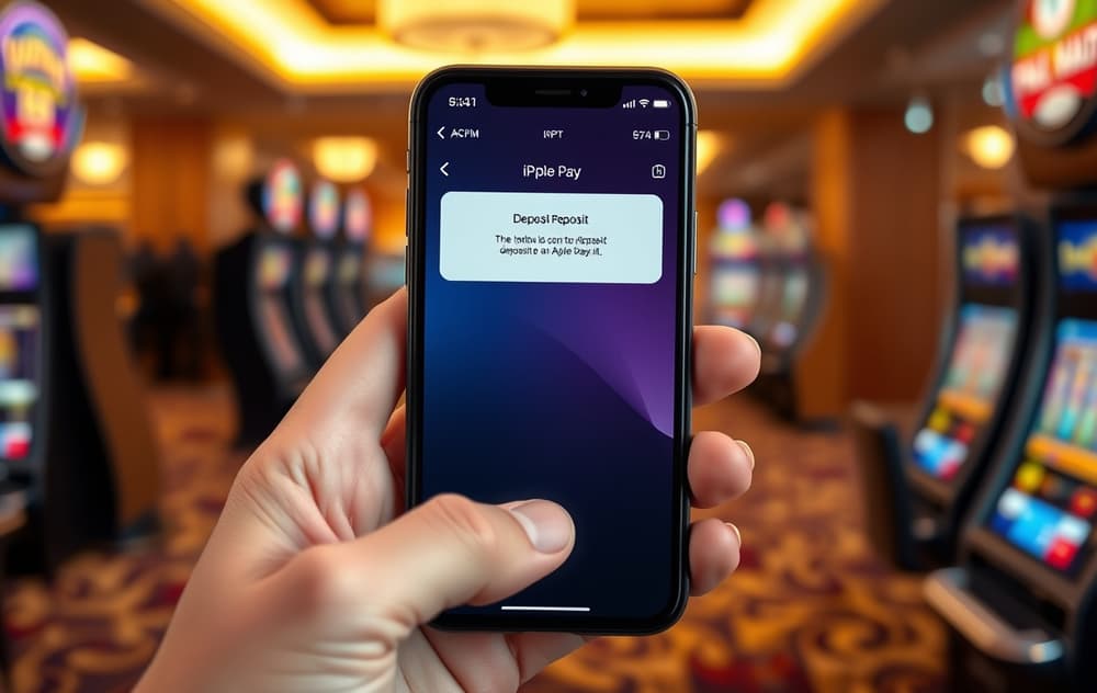 Person som bruker Apple Pay på iPhone for å sette inn penger på et casino – Face ID-godkjenning.
