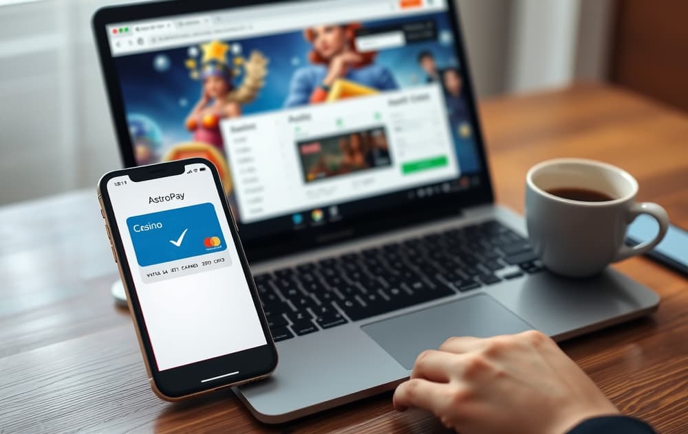 Smarttelefon med AstroPay-appen ved siden av en laptop som viser casinoets kasse