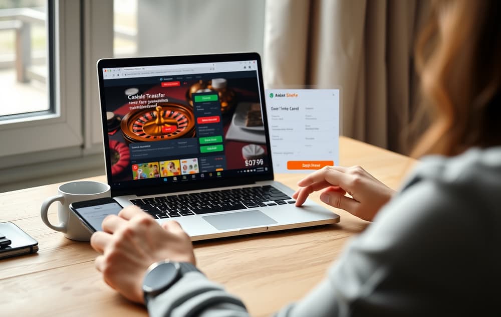 Person som tar ut penger fra casino via bankoverføring på laptop og mobil