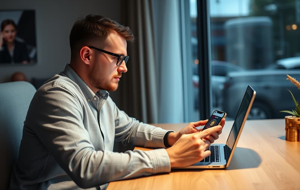 Norsk spiller med laptop og mobil som viser Bitcoin-innskudd på casino