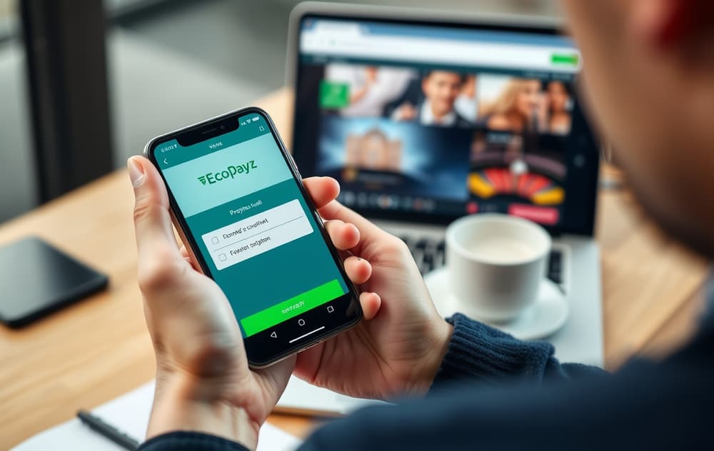 Person som bekrefter Ecopayz-betaling på mobilen foran en laptop med et casino på skjermen.