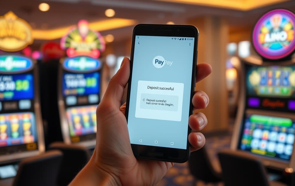 Hånd som holder Android-telefon med Google Pay-appen og bekreftelse på innskudd på et nettcasino.