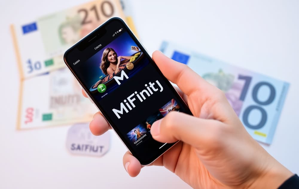 Person med mobiltelefon som viser MiFinity-logo og casino-innskuddsskjerm.