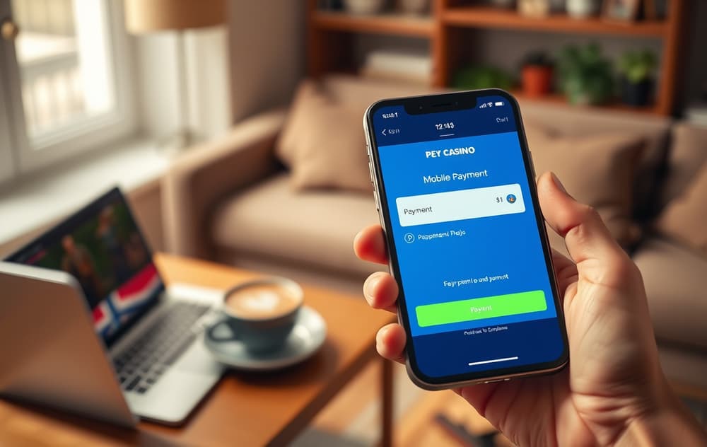 Person som holder en mobiltelefon med en betalingsbekreftelse på et norsk casino, i en stue.