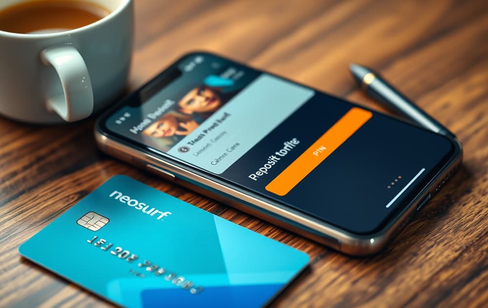Neosurf-kupong og mobiltelefon med casino-innskuddsvindu åpent