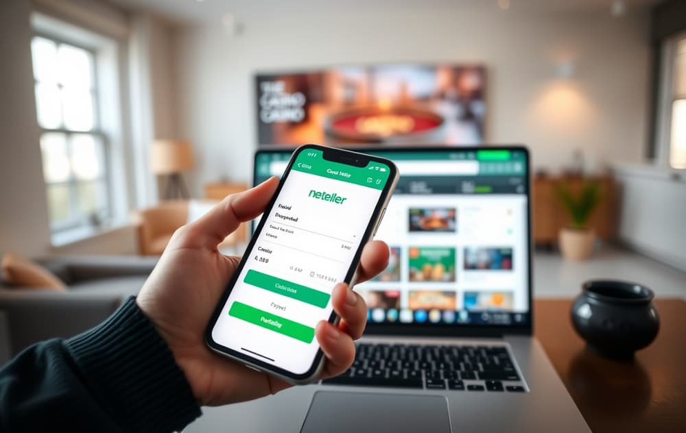 Person som bruker Neteller-appen på mobil for å sette inn penger på et nettcasino.