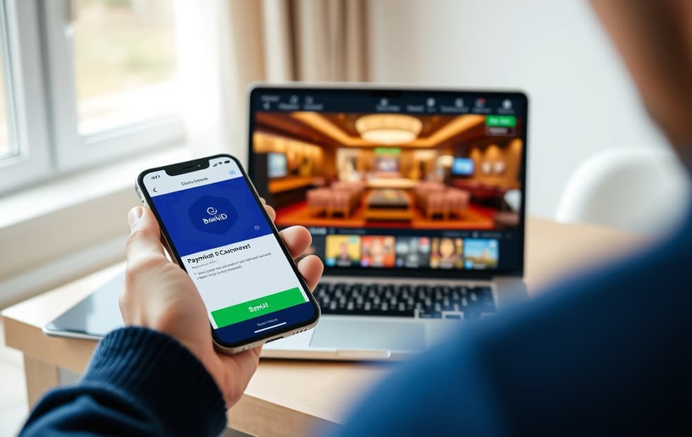 Person med mobiltelefon som viser BankID-app, med kasino på dataskjerm i bakgrunnen