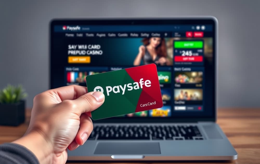 Person med Paysafecard foran laptop med nettside for casino.