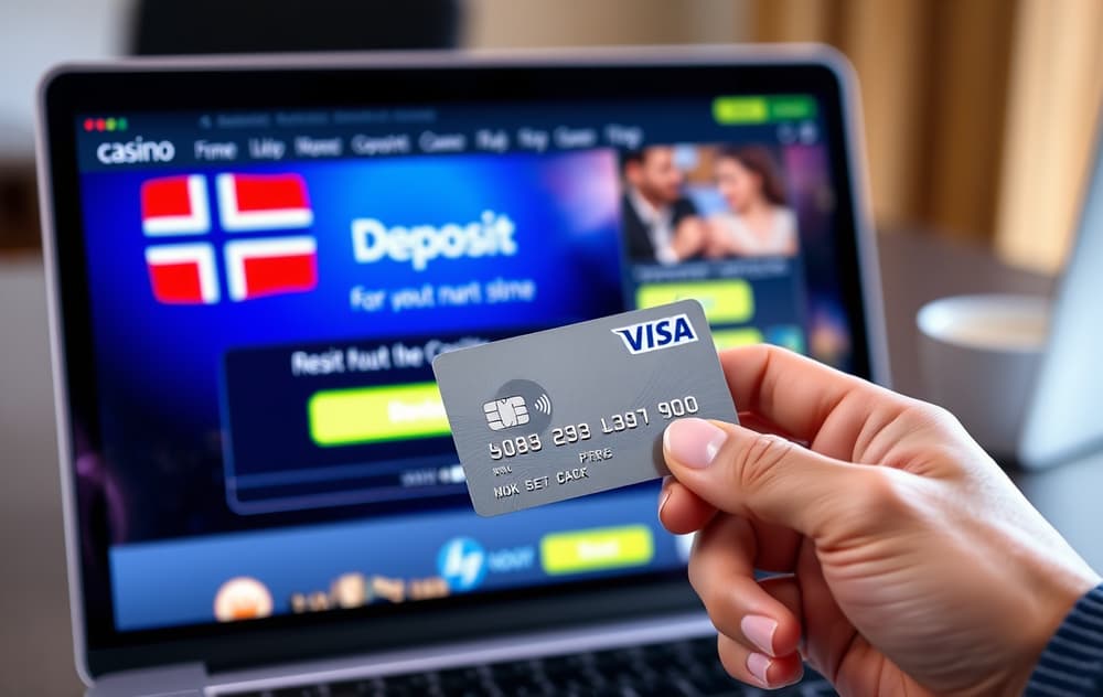 Hånd som holder et Visa debetkort foran en bærbar PC med casinoinnskudd i norske kroner.