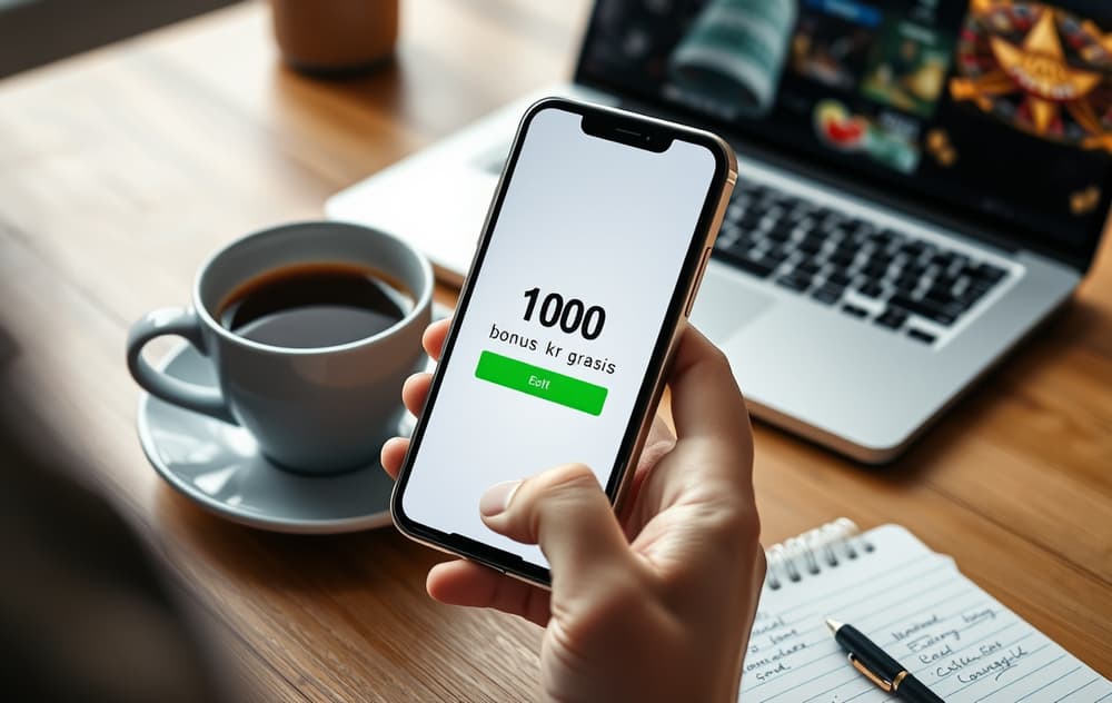 En person som holder en mobiltelefon med en casinobonusmelding på skjermen, ved siden av en kaffekopp og en notatbok.