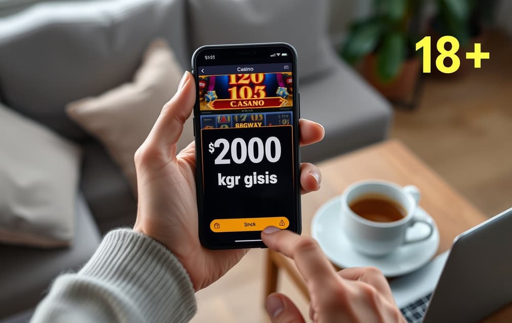 En hånd holder en smarttelefon med et casino-bonus-tilbud på 200 kr gratis, i en stue med kaffekopp og laptop. 18+ skilt i hjørnet.