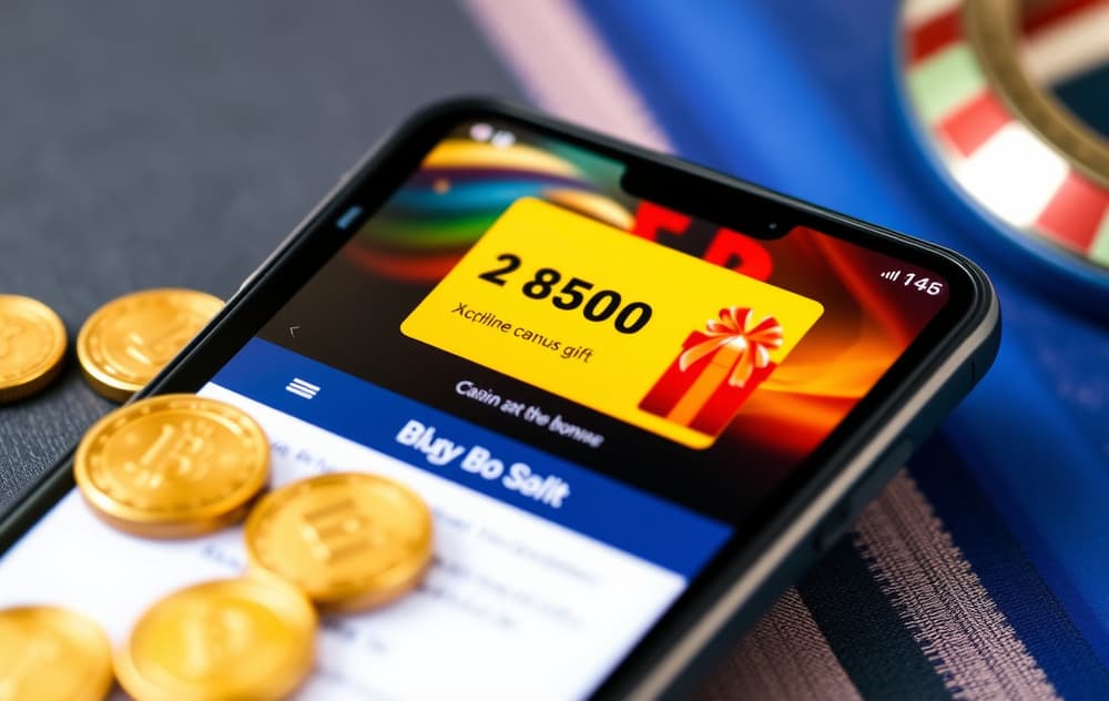 Smarttelefon med casino bonus-melding, mynter og gaveeske