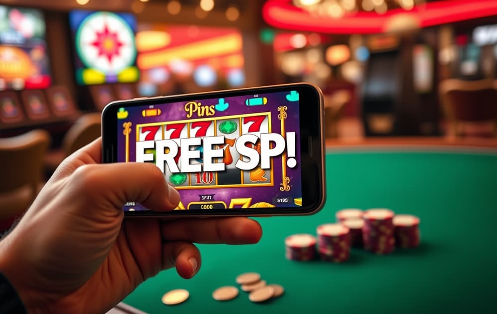 En person holder en mobiltelefon med et spilleautomatspill som viser 'FREE SPINS' på skjermen, med kasinobakgrunn i bakgrunnen.