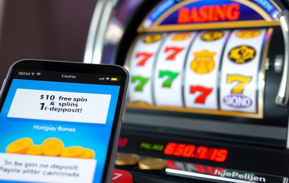 Smarttelefon med gratisspinn-utenniskudd tilbud, med spilleautomat i bakgrunnen og ansvarlig spilling-ikon.