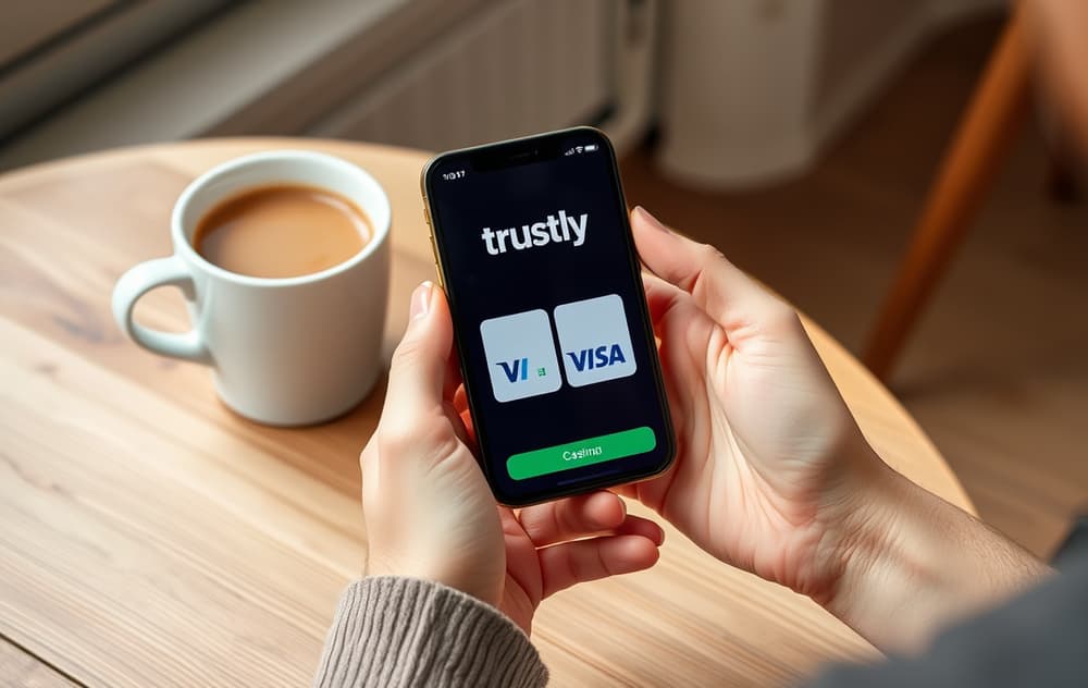 Person med mobil som viser betalingsmetoder på casino – Trustly og VISA logoer synlig