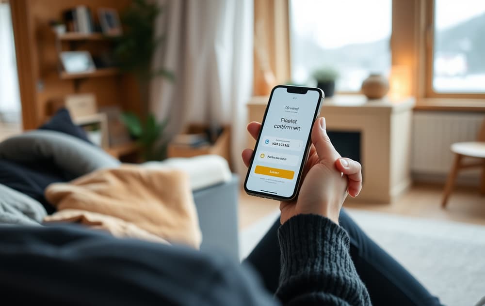 Person som mottar bekreftelse på casino-uttak på mobilen i en norsk stue.
