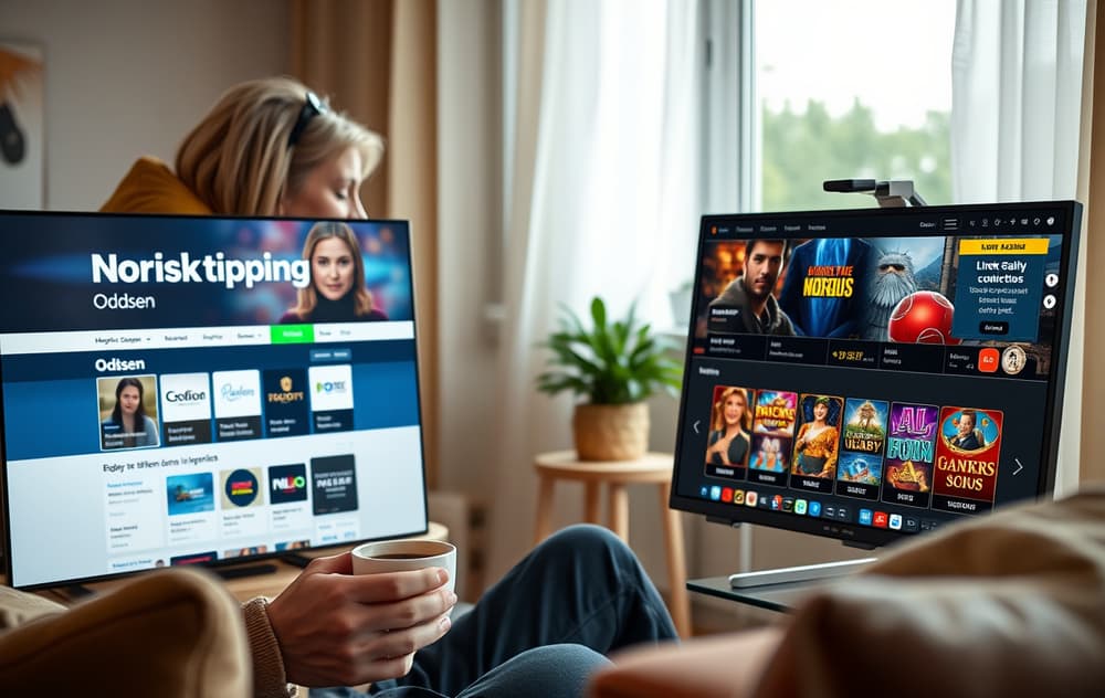 En person i en stue som sammenligner Norsk Tipping og et nettcasino på to skjermer