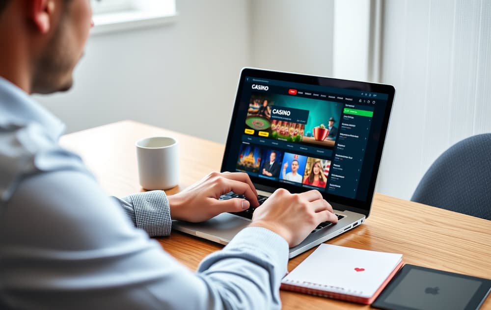 Person som sammenligner casinoer på bærbar PC