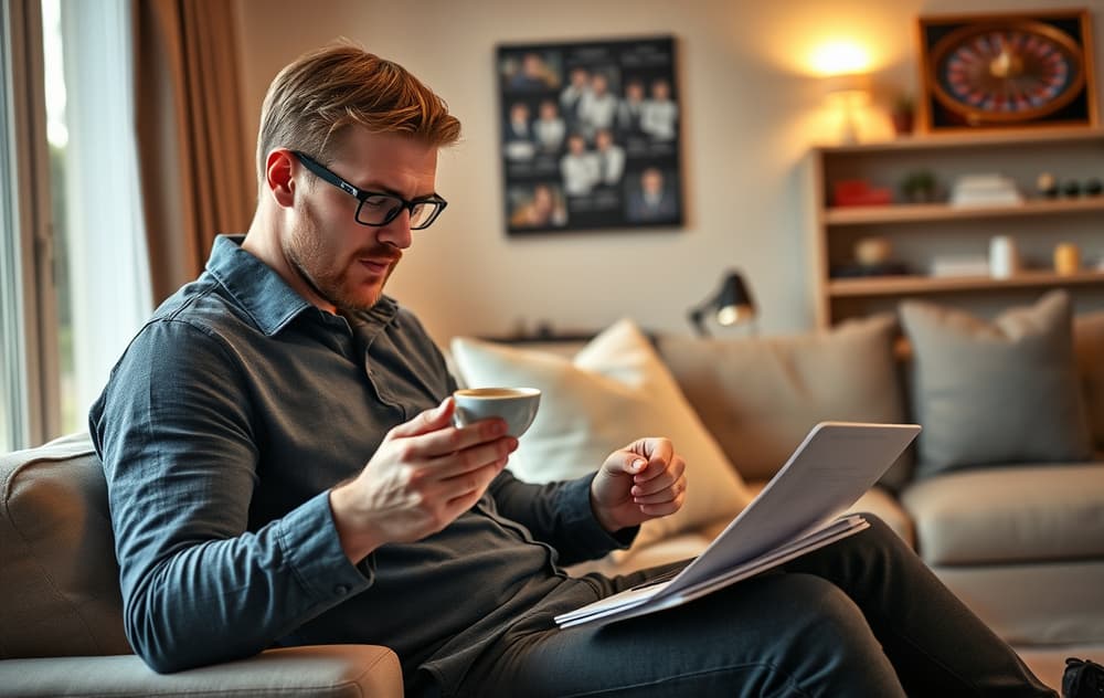 Mann spiller på nettcasino med mobiltelefon i stue med kaffe og notatbok.