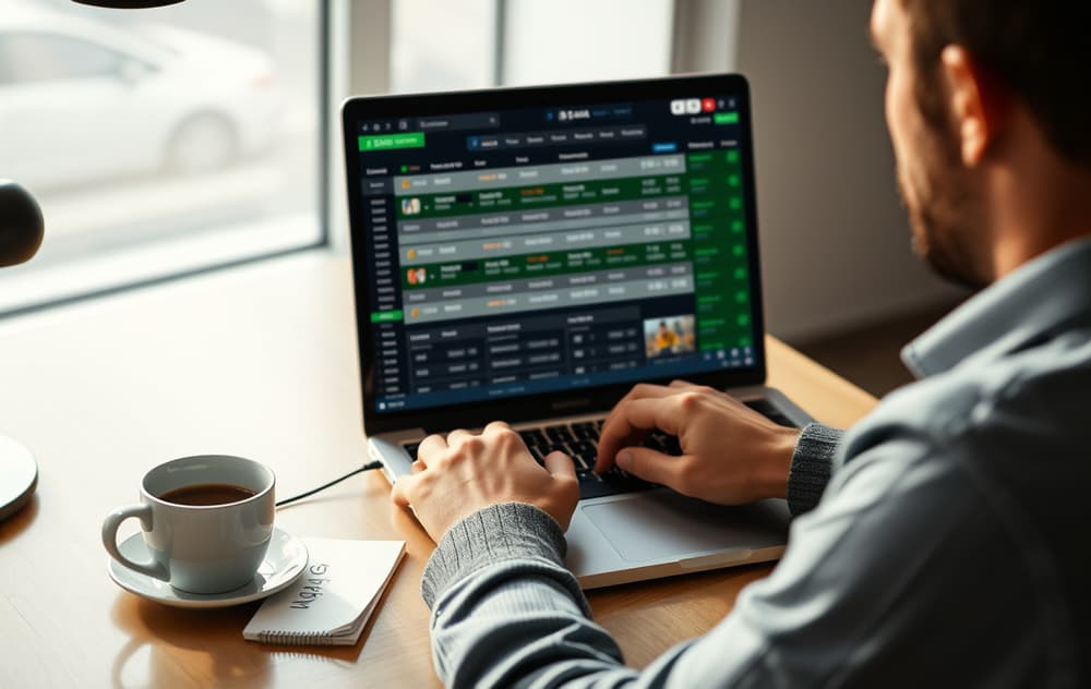 Person som sammenligner bettingsider på en bærbar PC med notatblokk og kaffekopp på pulten.