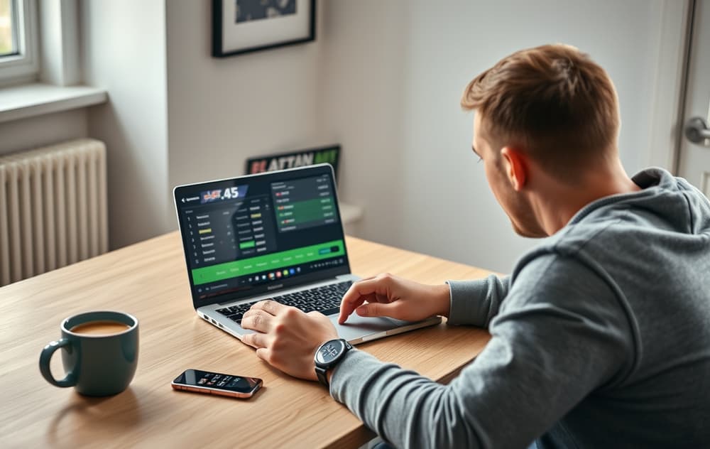 Norsk spiller som sammenligner odds på en bærbar PC, med kaffekopp og mobiltelefon, i et moderne hjem.