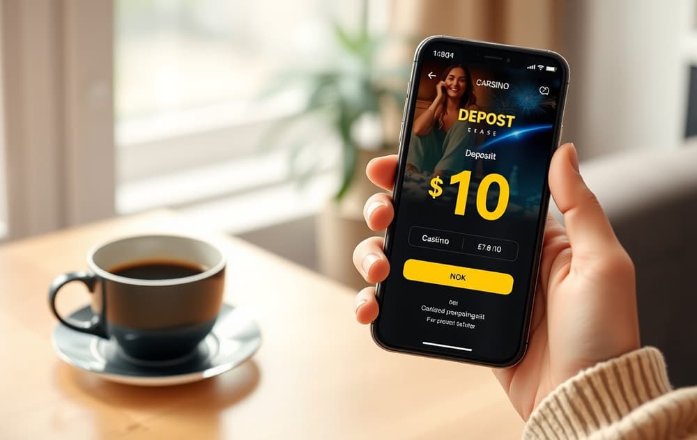 Person som viser casinoinnskudd på 10 kroner på mobilen