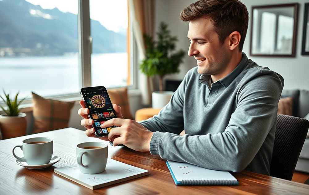 En person som sammenligner to casino-apper på mobilen, med notatblokk og kaffekopp, i en norsk stue med fjordutsikt.