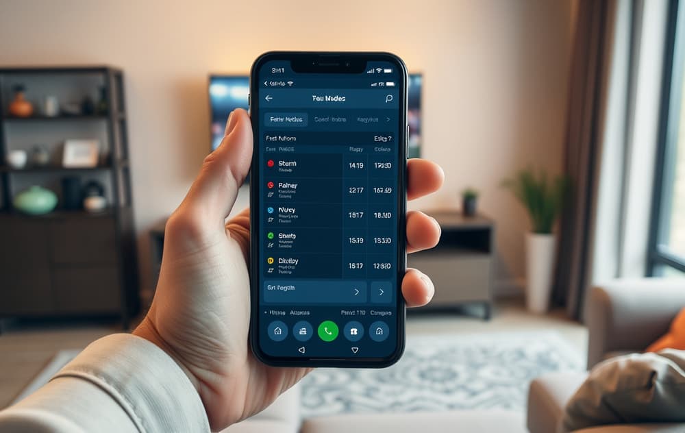 Mobil med betting-app og fotballkamp på TV.