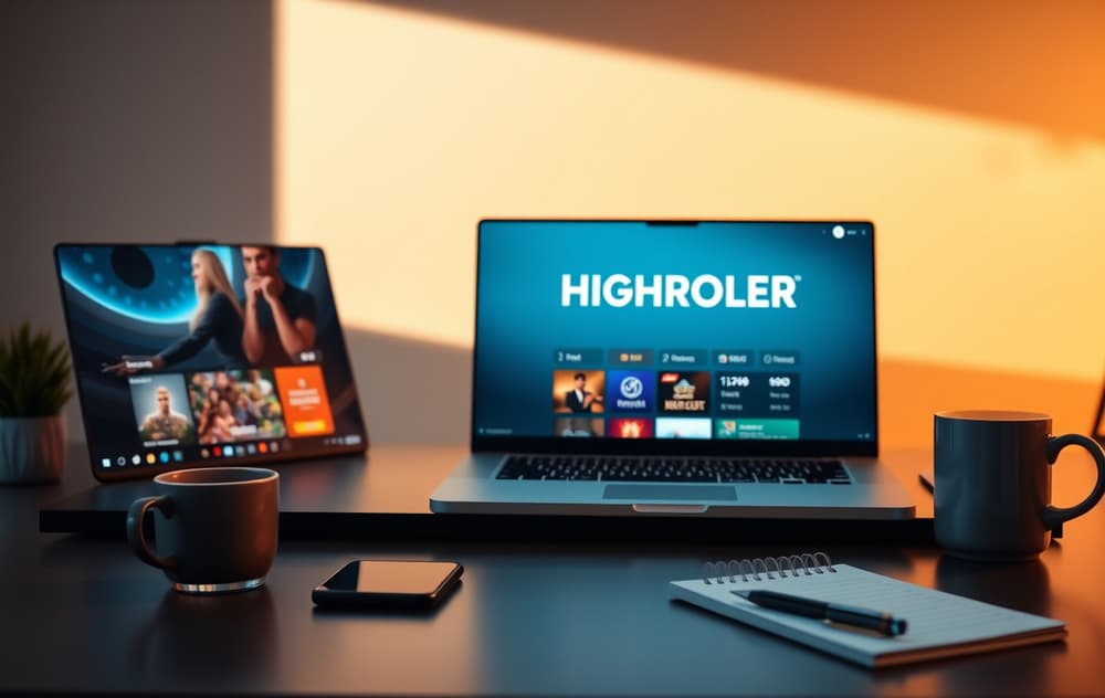 Highroller Casino på laptop og mobil på et moderne skrivebord