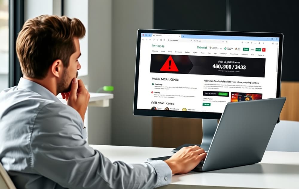 En person som sammenligner to kryptocasinoer på en bærbar PC, med fokus på lisensinformasjon