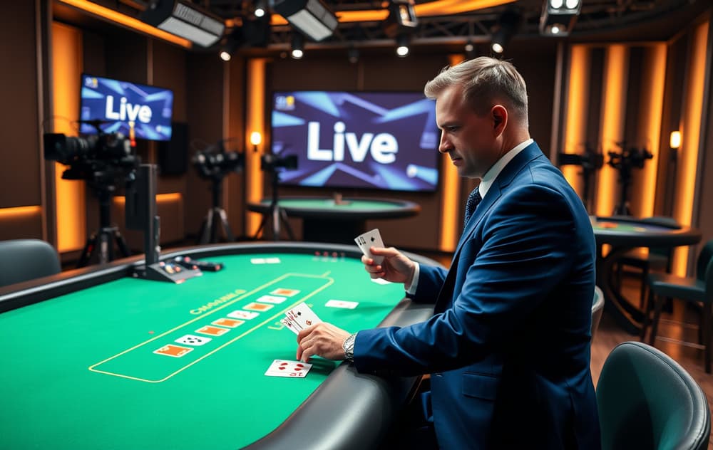 Live casino-studio med norsk dealer ved blackjack-bord