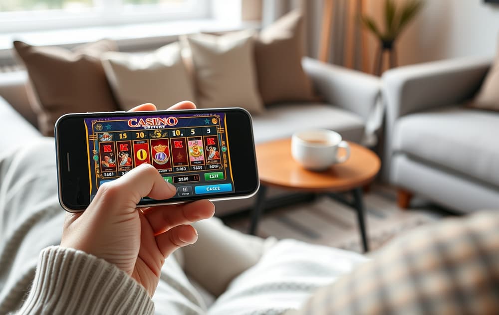 Person som spiller på mobilcasino i stuen