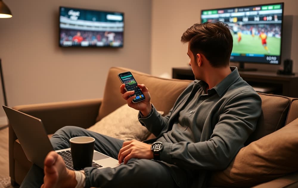 Person som sammenligner odds på mobil og laptop, med sport på TV i bakgrunnen