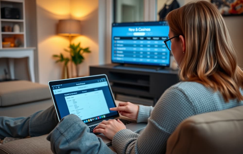 Spiller som sammenligner nye casinoer på en laptop i stuen