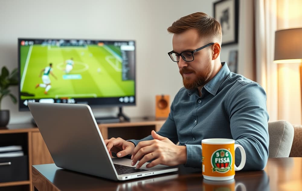 Norsk spiller som analyserer odds på laptop med sport i bakgrunnen
