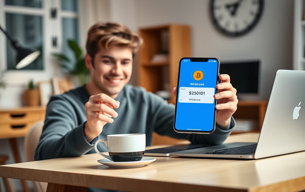 Person som sjekker uttaksbekreftelse på mobilen, med Bitcoin-symbol på skjermen.