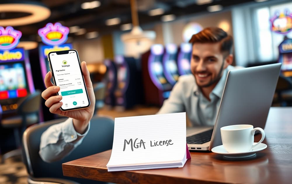Norsk spiller sjekker Vipps-uttak på mobilen ved en datamaskin med notatblokk