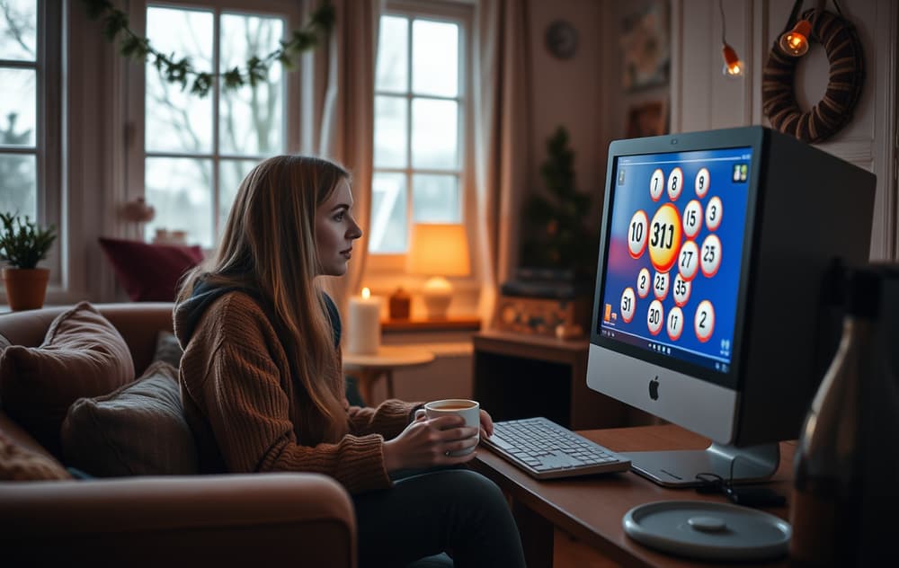 Person som spiller bingo på nett på en bærbar PC i en stue