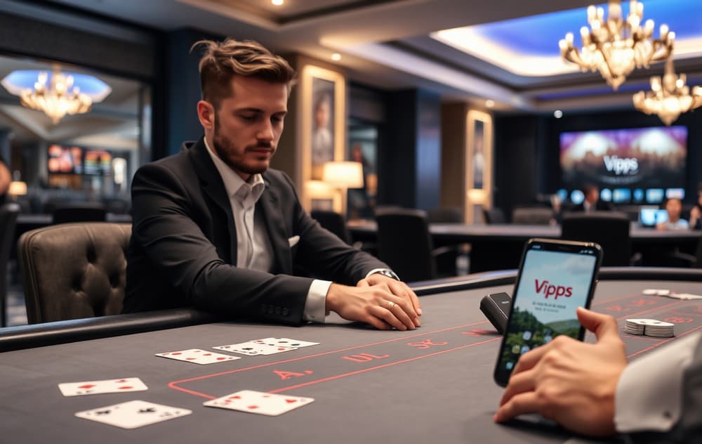 Norsk spiller ved live blackjack-bord med Vipps-app på mobilen