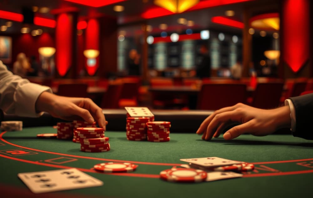 Bordspill blackjack med kort og sjetonger på et casino
