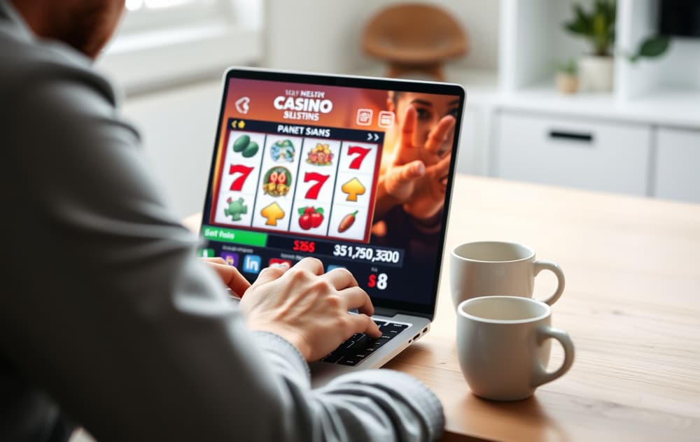 Person som spiller casinospill på bærbar datamaskin, med kaffekopp, nøytral hjemmemiljø