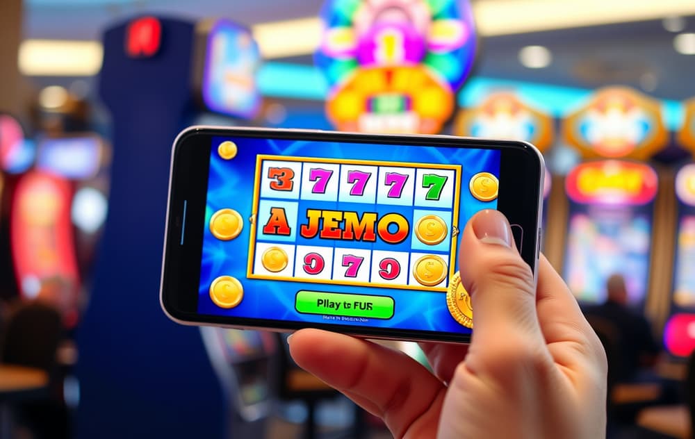 Mobiltelefon som viser en gratis spilleautomat i demomodus.