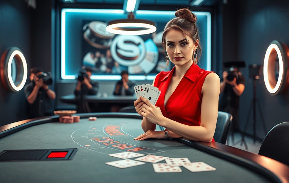 Ekte dealer i live casino-studio som holder et blackjack-kort ved et grønt bord med kameraer.