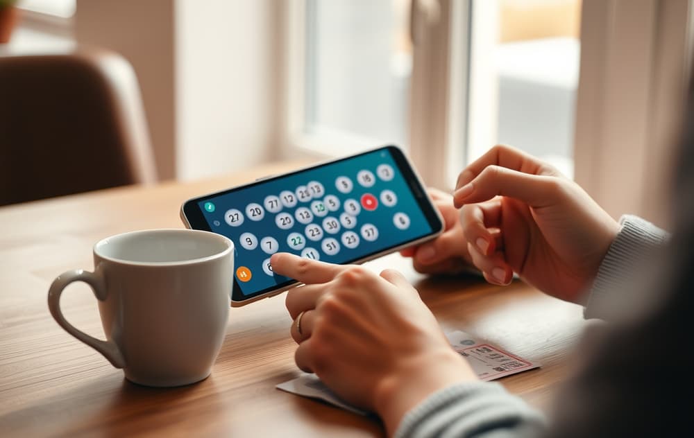En person spiller lotto på mobilen med en kopp kaffe og en lottokupong på bordet