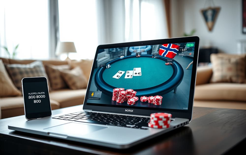 Laptop med poker på nett, chips og kort, med norsk flaggvannmerke og telefonnummeret til Hjelpelinjen