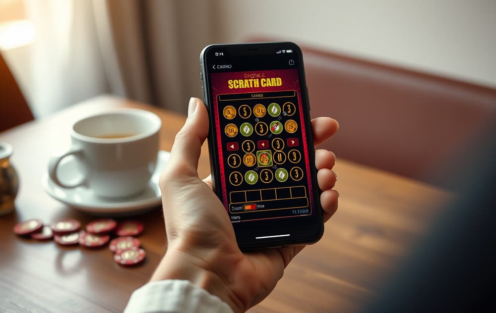 Digitalt skrapelodd på mobilskjerm med chips i bakgrunnen