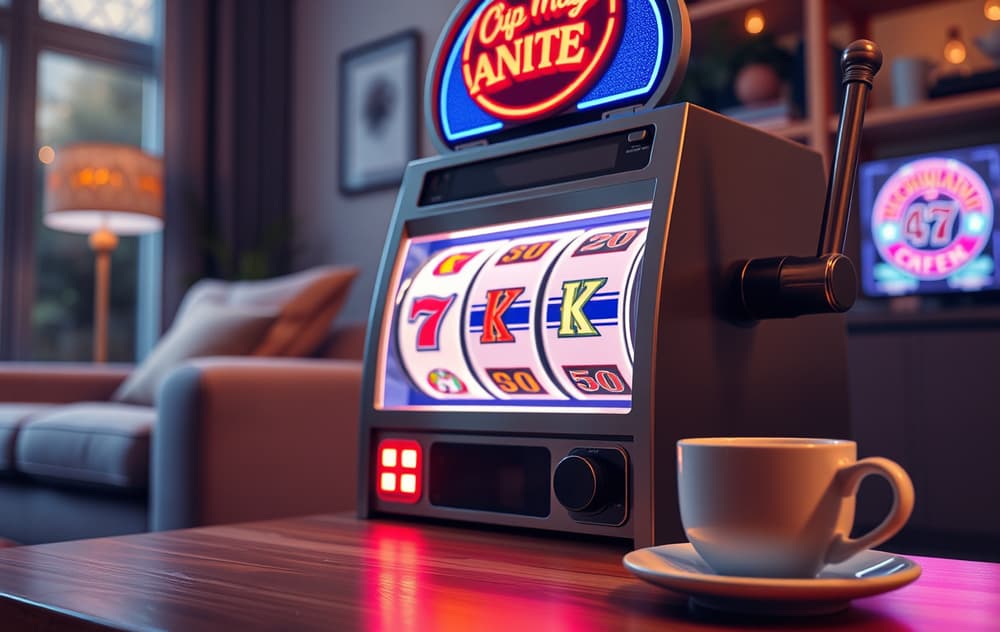 Moderne spilleautomat med norske kroner-symbol på skjermen, plassert i en stue